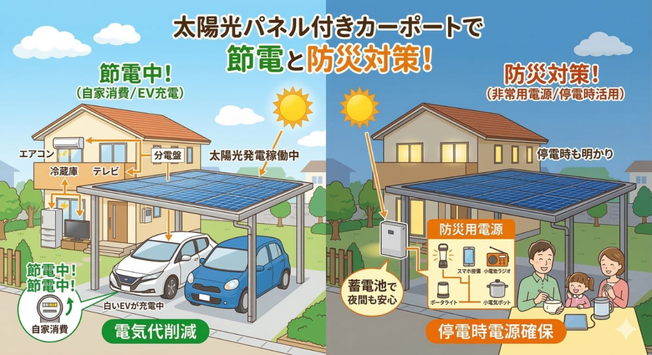 太陽光パネル付きカーポートで節電と防災対策をするイラスト